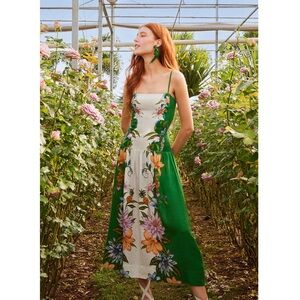 FARM RIO NWT Green & White Tropical Floral Printed Drop Waist Linen Midi Dress